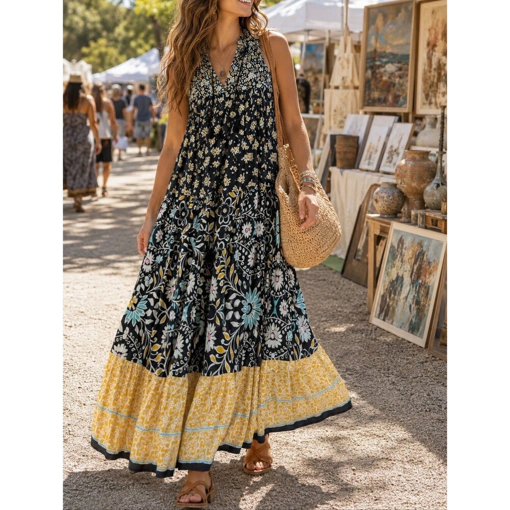 Black Floral Tiered Maxi Dress S Boho Prairie Patchwork Border Smocked Festival